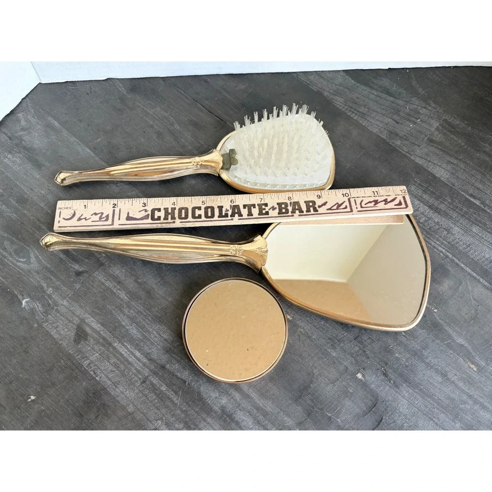 Vintage Gold Tone Floral Vanity Set Hand Mirror Hairbrush Compact 3 Piece Set